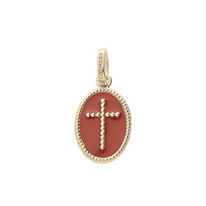 Pendentif en plaqu or ovale croix sur fond corail - Vue 1