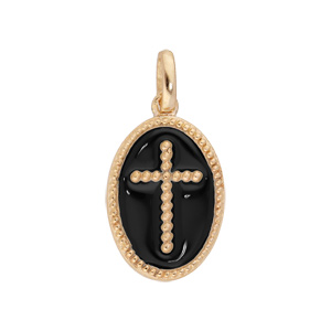 Pendentif en plaqu or ovale Croix sur fond noir - Vue 1