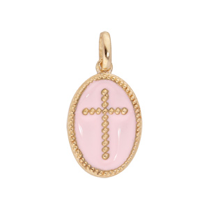 Pendentif en plaqu or ovale Croix sur fond rose ple - Vue 1