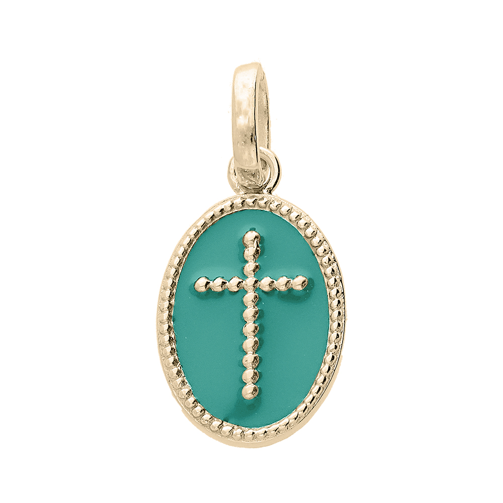 Pendentif en plaqu� or ovale croix sur fond vert - Vue 1