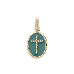 Pendentif en plaqu or ovale croix sur fond vert - Vue 1