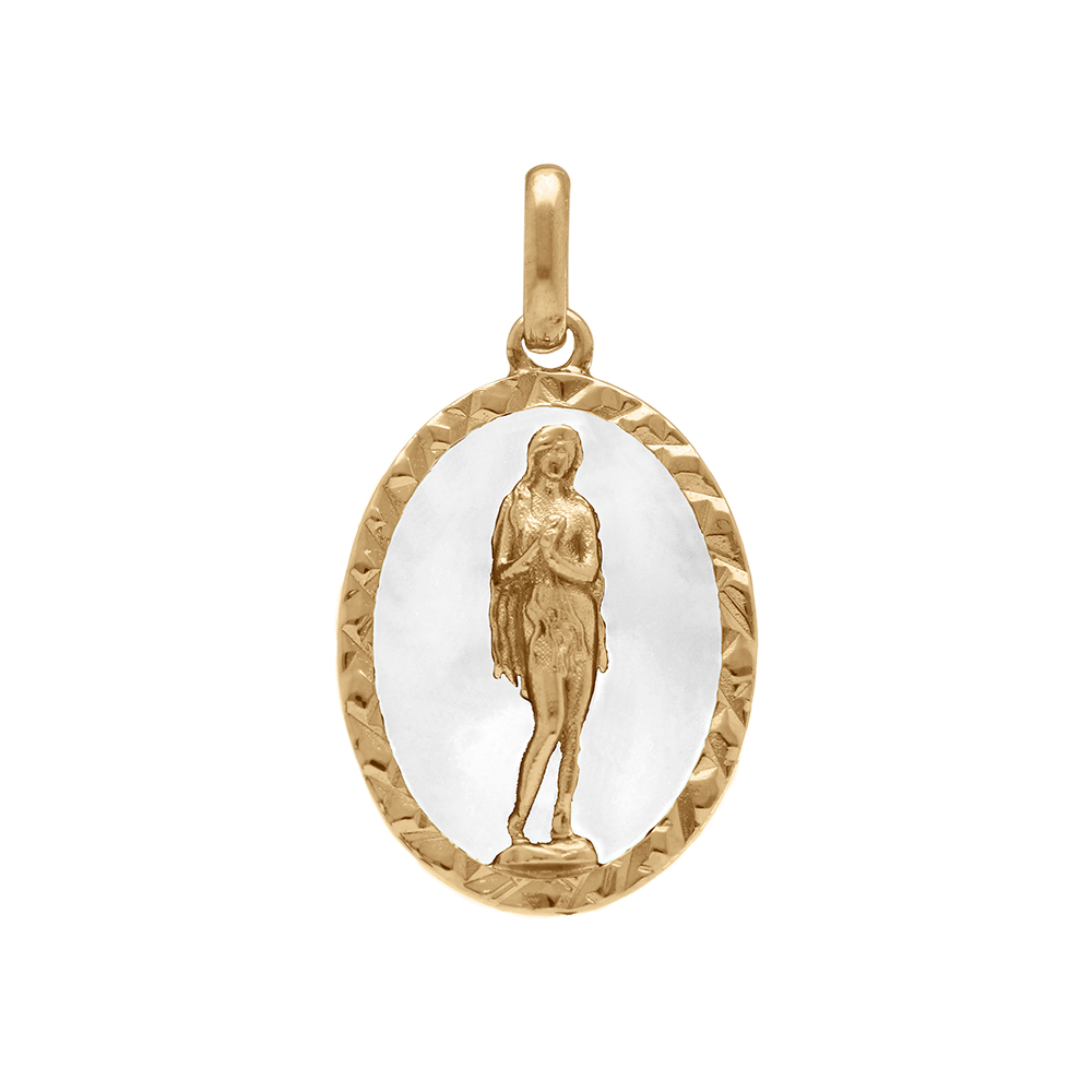 Pendentif en plaqu� or ovale marie madeleine 18mm x 13mm sur fond r�sine blanc - Vue 1