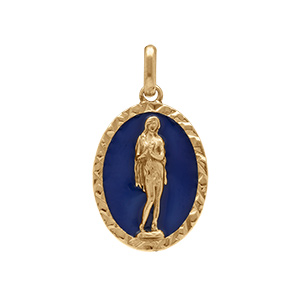 Pendentif en plaqué or ovale marie madeleine 18mm x 13mm sur fond résine bleu foncé - Vue 1