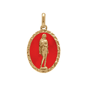 Pendentif en plaqué or ovale marie madeleine 18mm x 13mm sur fond résine rouge - Vue 1