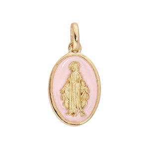 Pendentif en plaqu or ovale miraculeuse fond rose ple - Vue 1