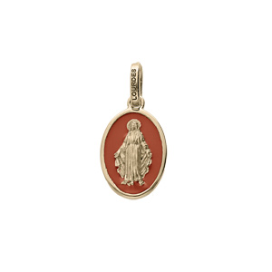 Pendentif en plaqu or ovale Miraculeuse sur fond corail - Vue 1