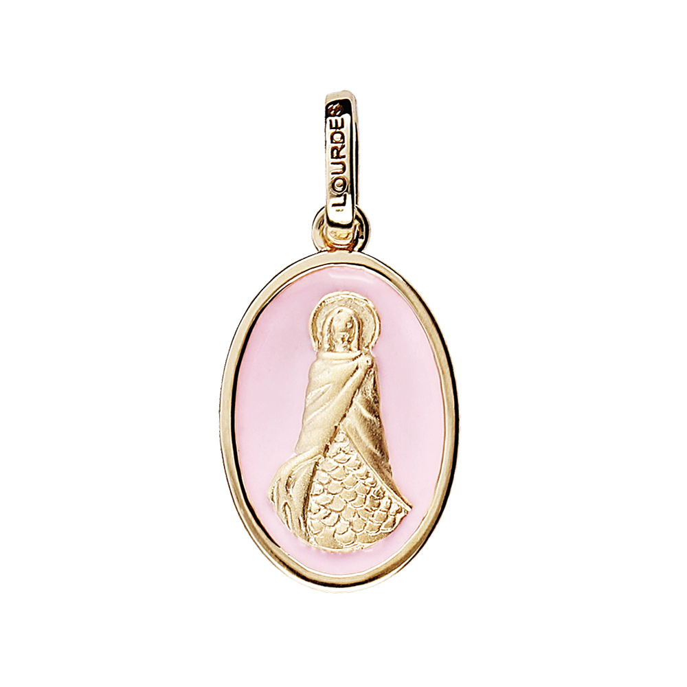 Pendentif en plaqu or ovale Sainte Sara fond rose ple - Vue 1