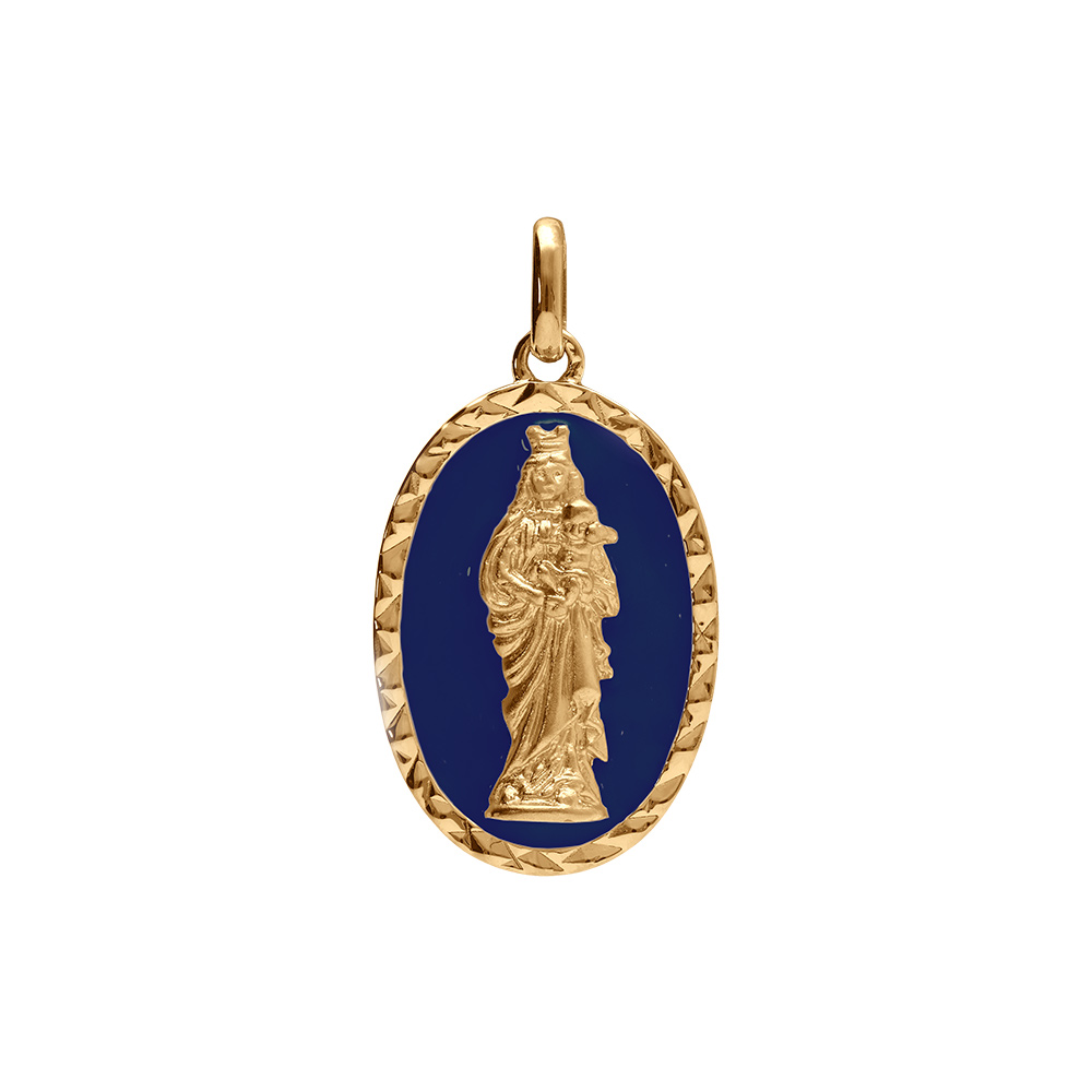 Pendentif en plaqu� or ovale vierge et l\'enfant 20mmx13mm fond bleu fonc� - Vue 1