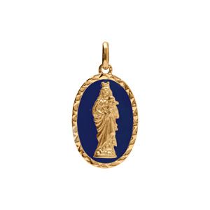 Pendentif en plaqué or ovale vierge et l\'enfant 20mmx13mm fond bleu foncé - Vue 1