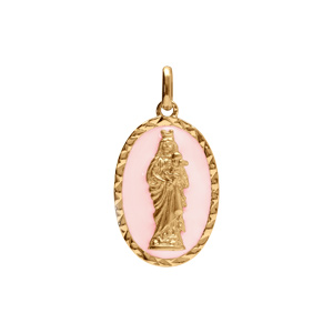 Pendentif en plaqué or ovale vierge et l\'enfant 20mmx13mm fond rose - Vue 1