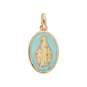 Pendentif en plaqu� or ovale vierge miraculeuse fond bleu ciel