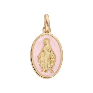 Pendentif en plaqu� or ovale vierge miraculeuse fond rose p�le