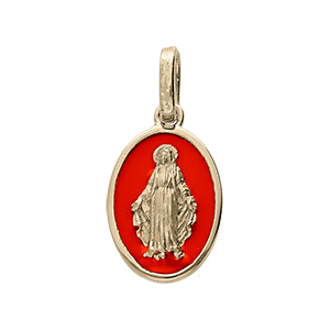 Pendentif en plaqu� or ovale vierge Miraculeuse sur fond corail