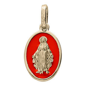 Pendentif en plaqu� or ovale vierge Miraculeuse sur fond corail / rouge