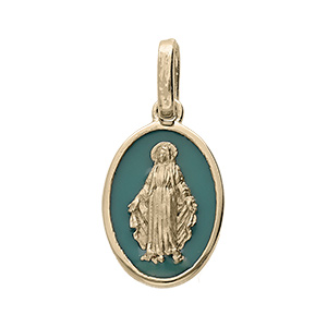 Pendentif en plaqu� or ovale vierge Miraculeuse sur fond vert
