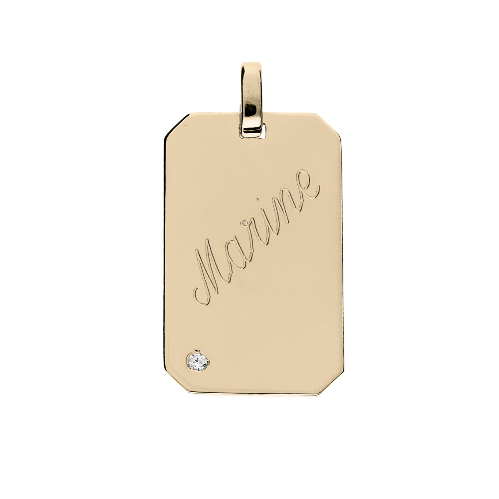 Pendentif en plaqu� or plaque G.I 25*14mm pans coup�s � graver avec oxyde blanc serti - Vue 1