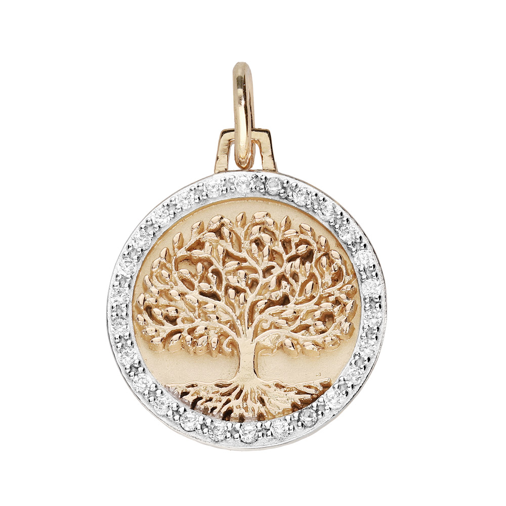 Pendentif en plaqu� or rond 16mm arbre de vie contour oxydes blancs sertis - Vue 1