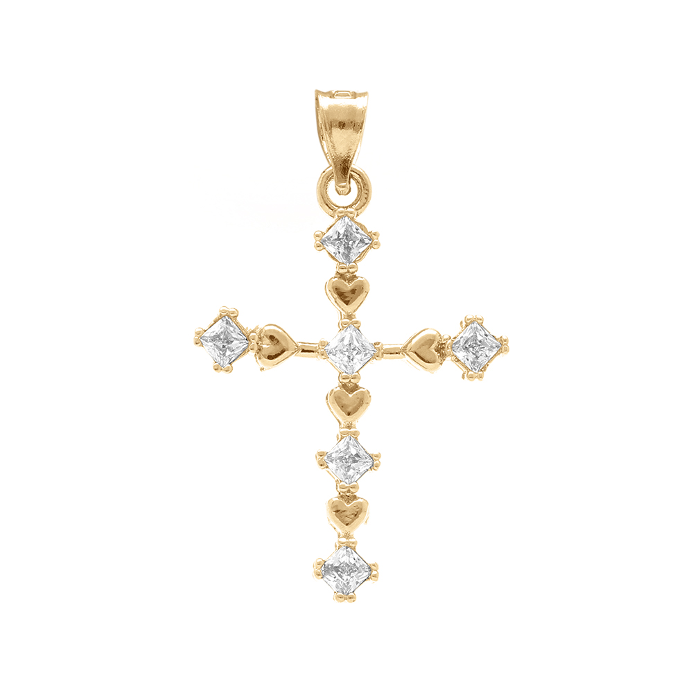 Pendentif en vermeil croix avec coeurs et oxydes blancs - 22mm x 15mm - Vue 1