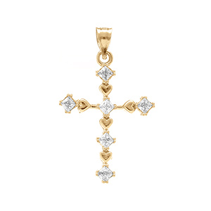 Pendentif en vermeil croix avec coeurs et oxydes blancs - 22mm x 15mm