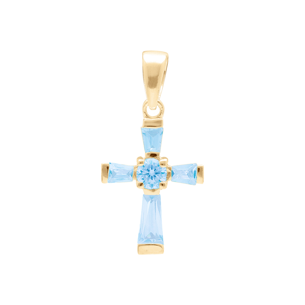 Pendentif en vermeil croix avec oxydes bleu ciel -  19mm x 13mm - Vue 1