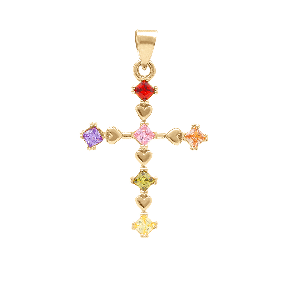 Pendentif en vermeil croix avec oxydes multi couleurs - 20mm x 15mm - Vue 1