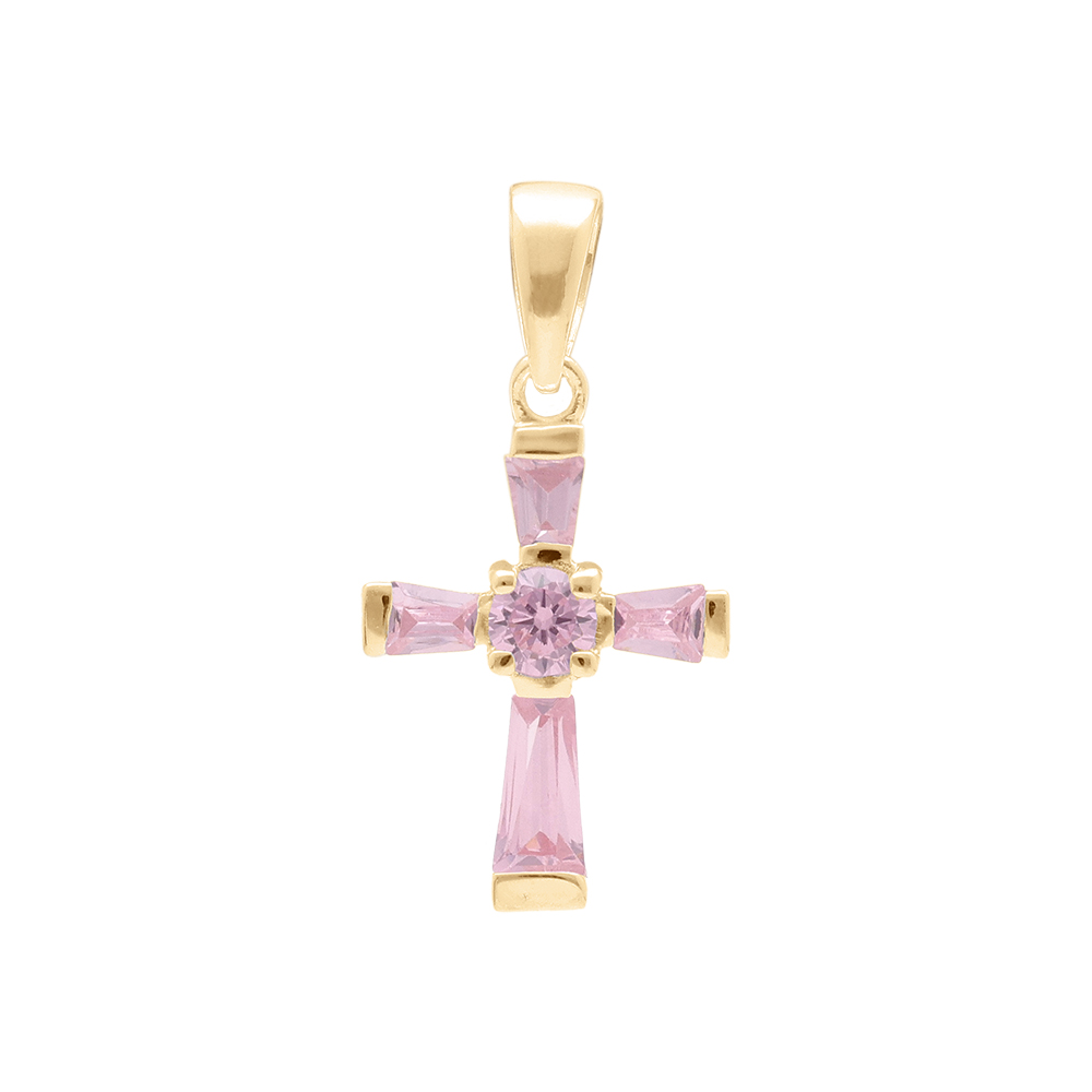 Pendentif en vermeil croix avec oxydes roses - 19mm x 13mm - Vue 1