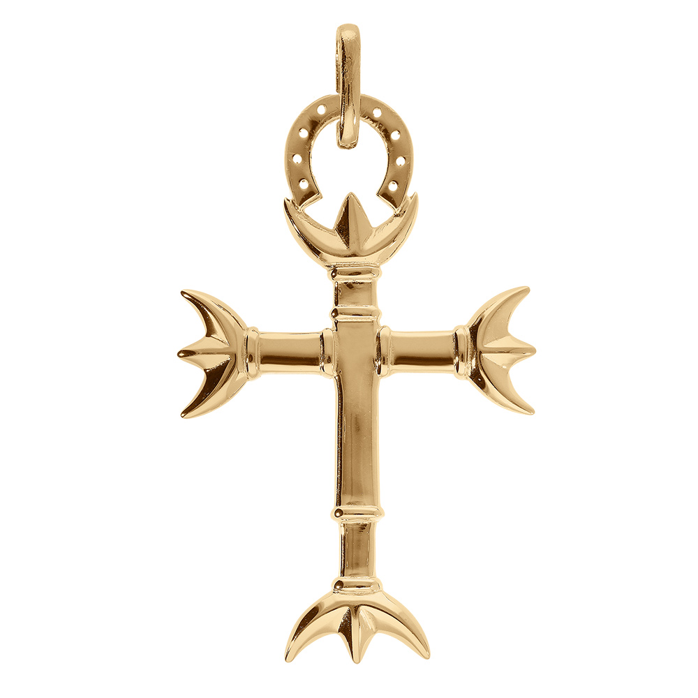 Pendentif en vermeil croix camarguaise  avec trident et fer � cheval - 37 mm x 22 mm - Vue 1
