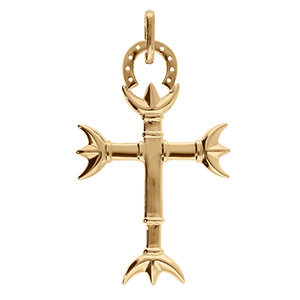 Pendentif en vermeil croix camarguaise  avec trident et fer � cheval - 37 mm x 22 mm