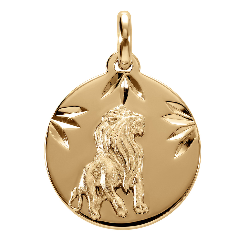 Pendentif en vermeil m�daille 15mm diamant�e  zodiaque lion - Vue 1