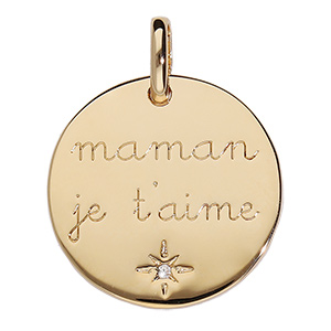 Pendentif en vermeil m�daille avec pastille maman je t'aime et un oxyde blanc serti