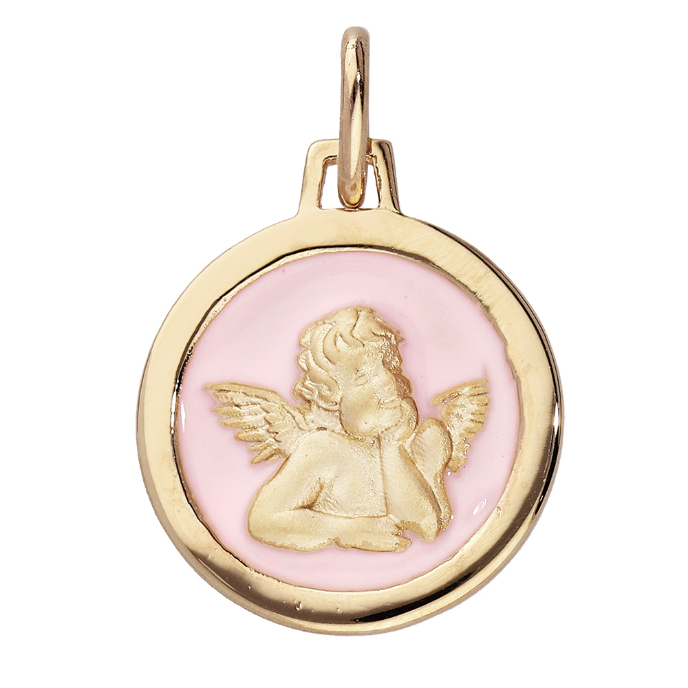 Pendentif en vermeil m�daille �g�rement ovale Ange sur fond de r�sine rose pale - Vue 1