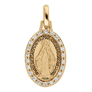 Pendentif en vermeil m�daille ovale miraculeuse avec  contour oxydes blancs sertis -  recto verso