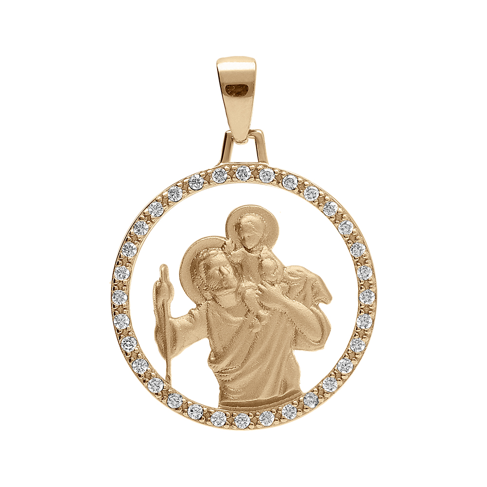 Pendentif en vermeil platin� m�daille ronde Saint-Christophe 18mm avec contour d\'oxydes blancs sertis - Vue 1