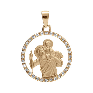 Pendentif en vermeil platin mdaille ronde Saint-Christophe 18mm avec contour d'oxydes blancs sertis