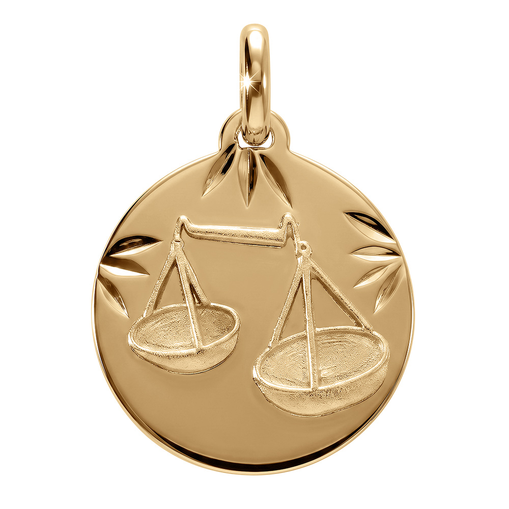 Pendentif en vermeil rhdoie m�daille 15mm diamant�e zodiaque balance - Vue 1
