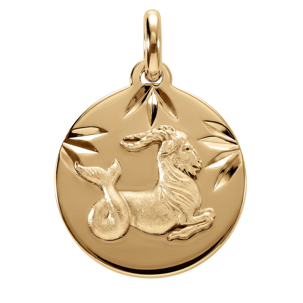 Pendentif en vermeil rhdoie m�daille 15mm diamant�e zodiaque capricorne - Vue 1