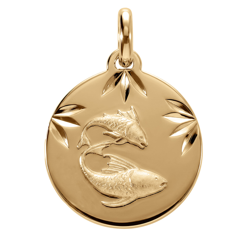 Pendentif en vermeil rhdoie m�daille 15mm diamant�e zodiaque poissons - Vue 1