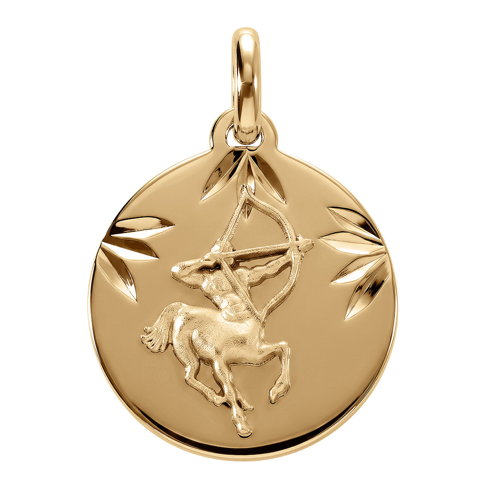 Pendentif en vermeil rhdoie m�daille 15mm diamant�e zodiaque sagittaire - Vue 1