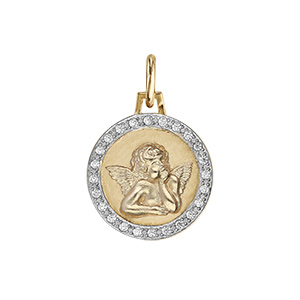 Pendentif en vermeil rond 15mm Ange avec contour d\'oxydes blancs sertis - Vue 1
