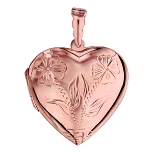 Pendentif en vermeil rose cassolette coeur avec gravure de fleurs sur le dessus - possibilité d\'insérer 1 ou 2 photos droite et gauche - Vue 1