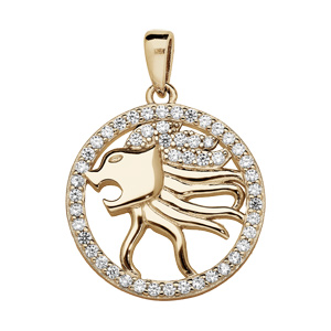 Pendentif en vermeil signe du zodiaque Lion et contour d\'oxydes blancs sertis - Vue 1