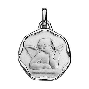 Pendentif mdaille en argent rhodi avec ange en relief et bords gondols - Vue 1