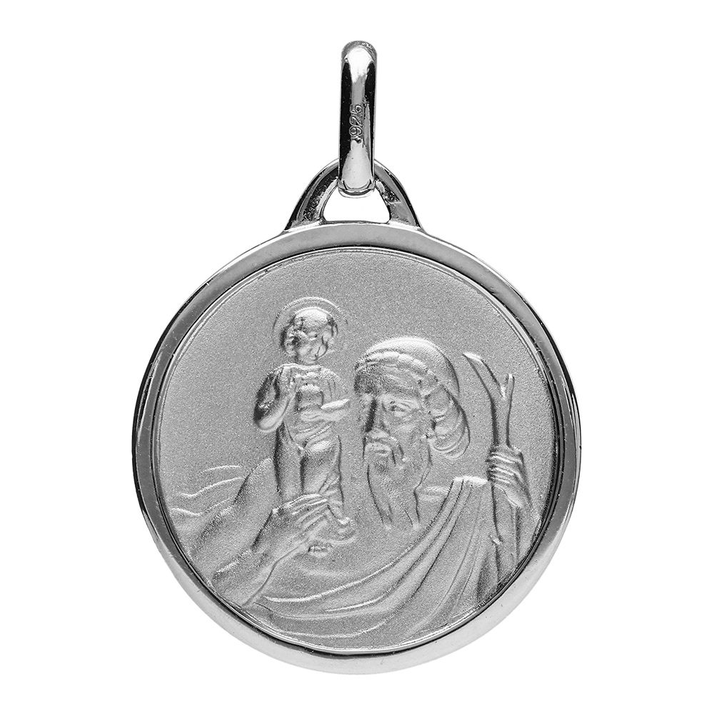 Pendentif m�daille en argent rhodi� de Saint-Christophe en relief et bord brillant - Vue 1