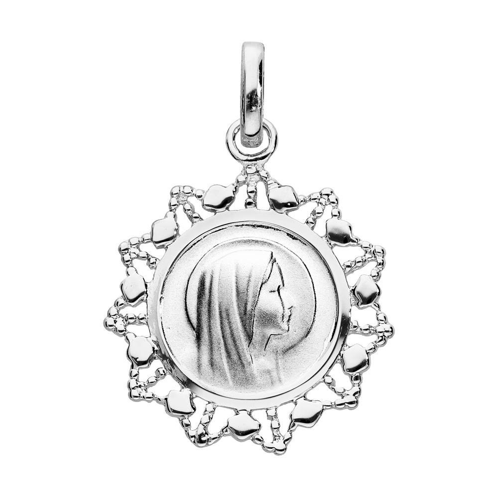 Pendentif m�daille en argent rhodi� vierge avec contour dentel� - Vue 1
