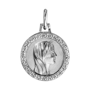 Pendentif mdaille en argent rhodi vierge et contour en oxydes blancs sertis 16mm - Vue 1