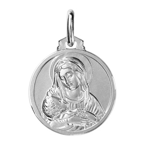 Pendentif mdaille en argent rhodi vierge Marie et l\'enfant Jsus Christ - diamtre 16mm - Vue 1