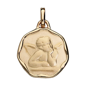 Pendentif mdaille en plaqu or avec ange en relief avec bords gondols - Vue 1