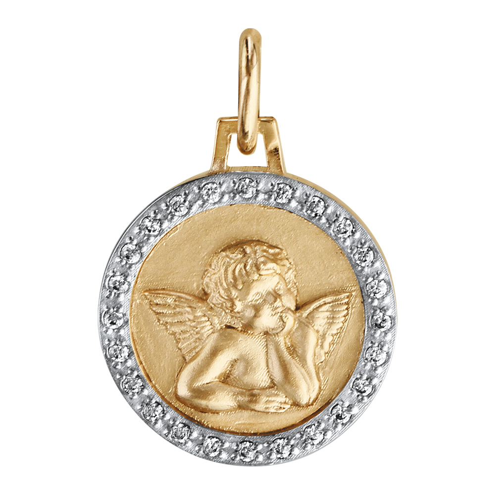 Pendentif m�daille en plaqu� or avec Ange et contour en oxydes blancs sertis 15mm - Vue 1
