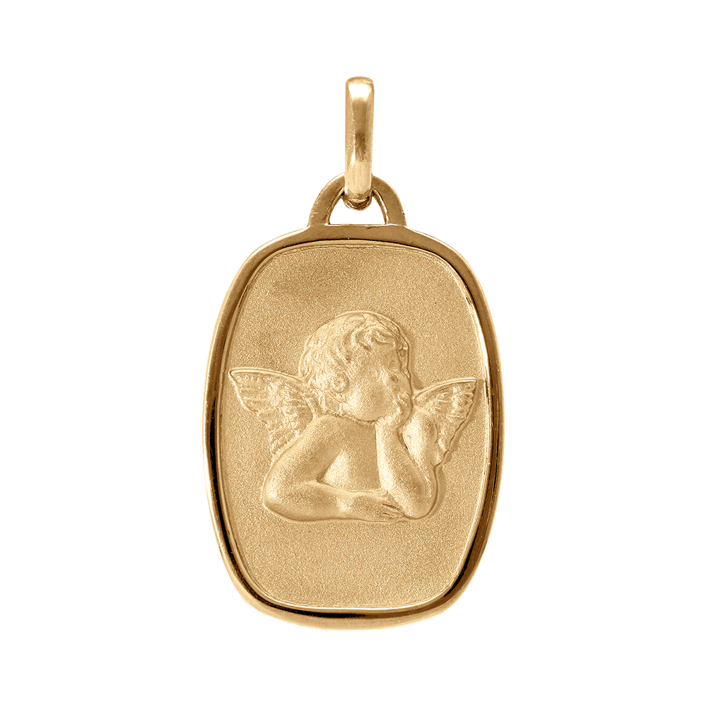 Pendentif m�daille en plaqu� or rectangle arrondi avec ange en relief - Vue 1