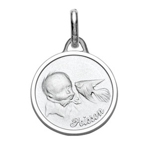 Pendentif médaille pour bébé en argent rhodié zodiaque Poissons - Vue 1